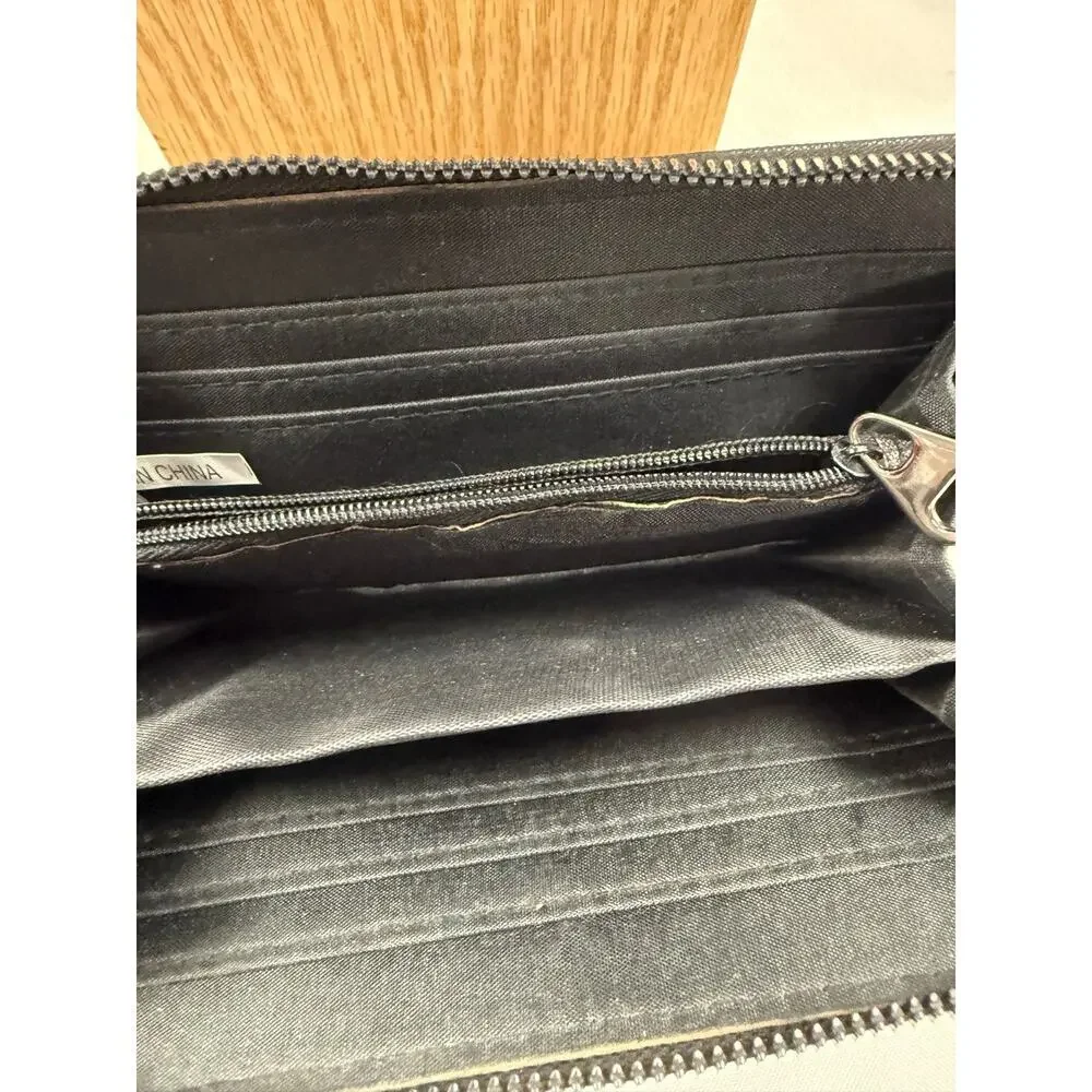 Black Zip Around Wallet Clutch Gold Medallion Organizer Checkbook Style